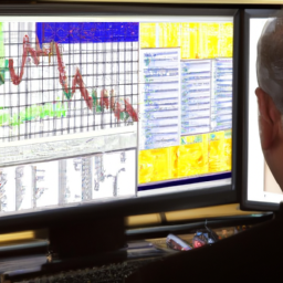 An image of a person looking at a computer screen with graphs and charts of financial investments.
