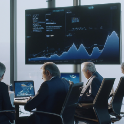 description: a group of professionals in a meeting room, discussing investment strategies and looking at charts and graphs on a large screen.