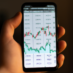 the image shows a person holding a smartphone with a stock market app displayed on the screen. the person is scrolling through stock charts and analyzing investment opportunities.