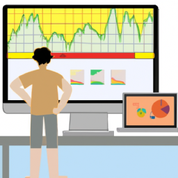 An illustration of a person standing in front of a desk with a laptop, looking at a chart of stocks and retirement funds.