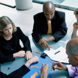 description: A group of businesspeople sitting around a table, discussing investment strategies. One person is pointing to a chart on a screen, while others are taking notes and listening attentively.