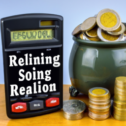 description: a stack of coins and dollar bills with a retirement savings calculator on top, with the words "retirement savings" written in bold letters on the calculator screen.