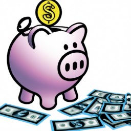 description: an image of a piggy bank with a dollar sign on it, surrounded by stacks of coins and bills.
