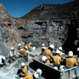 description: a photo of a lithium mine with workers in hard hats and safety gear.a photo of a lithium mine with workers in hard hats and safety gear. the mine is located in a remote area and is surrounded by mountains. the workers are seen operating heavy machinery, extracting lithium from the earth. the photo highlights the complex and challenging nature of the lithium supply chain.