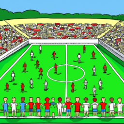 Description: An illustration of a soccer field with a crowd of people watching a game.