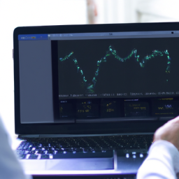 Description: A photo of a person looking at a laptop, with a graph of stock prices on the screen.