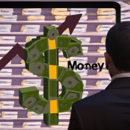 An image of a person in a suit looking at a graph with a stack of money in the background, symbolizing the financial success that comes with an online MBA in Investment Management.