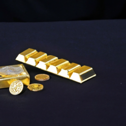 description: a photo of a gold bar and coins sitting on a black background.