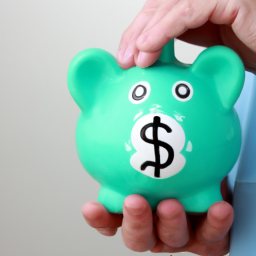 a person holding a piggy bank with a dollar sign on it, symbolizing the idea of saving money and investing wisely.