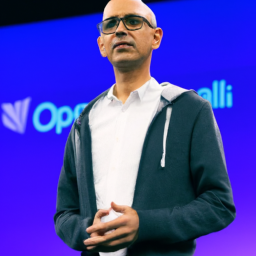 Picture of Microsoft CEO Satya Nadella announcing the company's multibillion dollar investment in OpenAI.