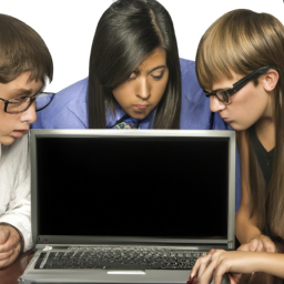 A group of teens looking at a laptop, discussing investing in the stock market.
