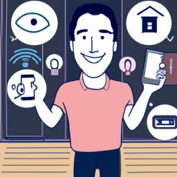 an image of a person holding a smartphone while surrounded by various smart home devices, such as a smart speaker, a smart thermostat, and a smart security camera. the person is smiling and appears to be using the smartphone to control the various devices.
