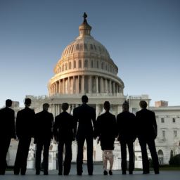 A group of people in suits standing in front of the Capitol building in Washington, DC.