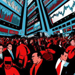 description: an image of bustling wall street traders in a chaotic trading floor.