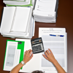 description: an anonymous image of a person sitting at a desk with a calculator and a notebook, surrounded by financial documents.