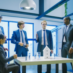 description: a group of diverse individuals discussing real estate investment strategies in a modern conference room setting.