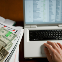 Description: A photo of a person looking at a laptop, with money and investment related documents laid out in front of them.