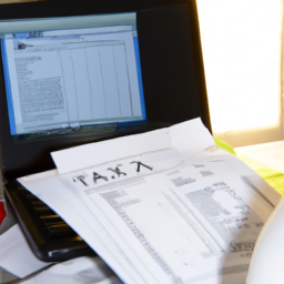 a person sitting at a computer, looking at tax forms and financial documents.