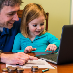 description: an image of a parent and a child sitting at a table, discussing finances and investments. they are looking at a laptop screen displaying investment account options for kids.
