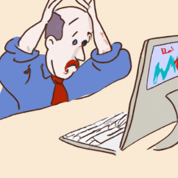 Description: A person looks at their laptop with a concerned expression, which shows a graph of a stock plummeting.