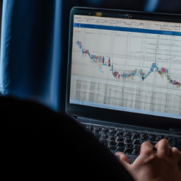 description: a person sitting at a desk with a laptop, looking at stock market charts and analyzing data. the image is focused on the screen, with the person's face out of frame.classification: research
