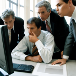 Description: A group of people in suits gathered around a computer screen, looking concerned and discussing financial data.