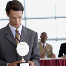 description: a successful businessman receiving an award at a ceremony.