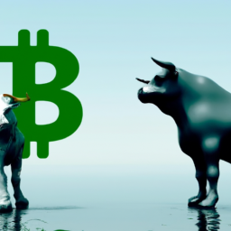 description: an anonymous image of a bull and a frog facing off, with the bull representing bitcoin and the frog representing the new digital token. the image is intended to symbolize the potential conflict between the two assets, as well as the uncertainty surrounding the future of the crypto market.