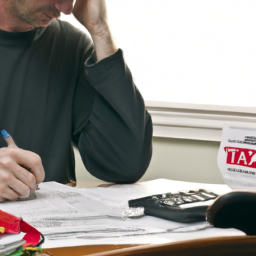 An image of a person sitting at a desk with a calculator and tax forms in front of them. The person appears to be deep in thought, contemplating their tax strategy.