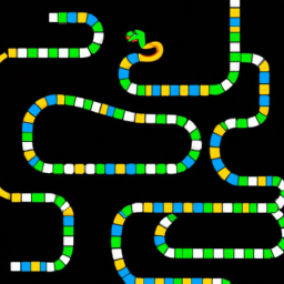 A colorful 2D snake game with a green snake, dots, and obstacles on a black background.