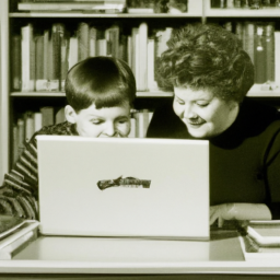 description: a parent and child looking at a laptop, presumably researching college savings plans. the image is anonymous and does not feature any actual names.