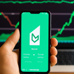 description: an anonymous image of a person holding a phone with the robinhood app open, with a graph of a stock's value in the background.