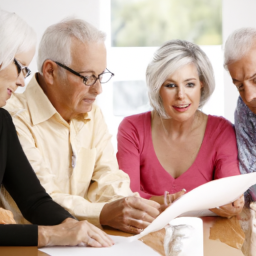 a group of retirees sitting at a table, looking over paperwork with a financial adviser.