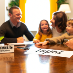 description: an image of a family sitting together and discussing their financial future, with a document that says "life insurance" on the table in front of them.