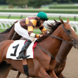 description: a photo of a chestnut-colored horse with a jockey on its back racing on a track. the horse has a white blaze on its forehead. the background is blurred, indicating the speed of the horse.