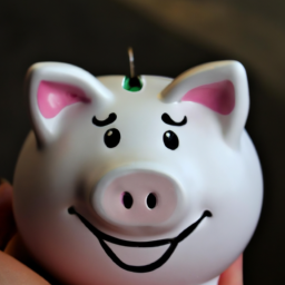 a person holding a piggy bank with a coin slot on top and a smiley face. the piggy bank is made of ceramic and is white with pink ears and feet. the background is blurred and out of focus.