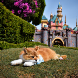 a cinnamon-colored feral cat lounging in the gardens of disneyland, with the park's iconic sleeping beauty castle in the background.