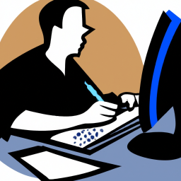 description: a person sitting at a desk, looking at a computer screen and holding a notebook and pen.