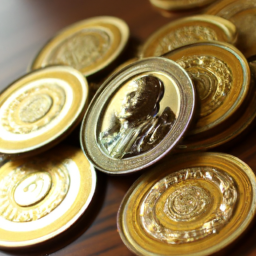 description: a gold coin with the image of a famous historical figure on it lies on a table next to a stack of other gold coins. the coin is shiny and has intricate designs on it, indicating its value and importance.
