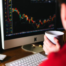 description: an anonymous individual analyzing stock charts and graphs on a computer screen with a cup of coffee by their side.