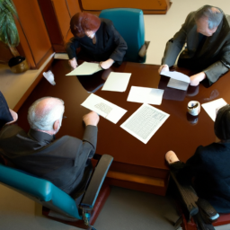 description: an anonymous image shows a group of business professionals discussing investment strategies in a boardroom.