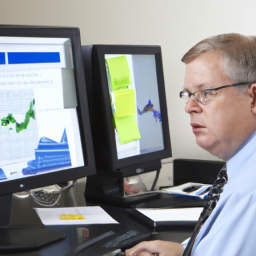 a cfo sitting at a desk, looking at financial reports on a computer monitor.