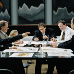description: a group of business people sitting around a conference table, discussing investment strategies and market trends.