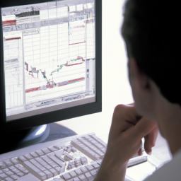 description: a person looking at a computer screen with stock charts and graphs.