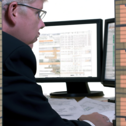 a person sitting at a desk, surrounded by financial reports and a computer screen, looking focused and determined.