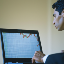 description: a person sitting at a desk with a laptop, looking at a graph of stock prices on the screen. the person is wearing a suit and tie and appears to be focused on their work.