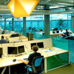 description: an anonymous image of a tech company's modern office space, with employees working on laptops and collaborating on projects in open-plan areas.
