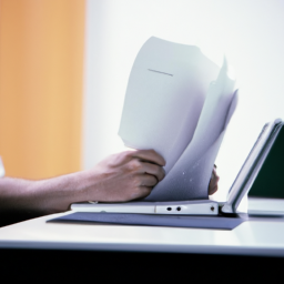 description: an anonymous person sitting at a desk with a laptop and papers, looking intently at the screen.