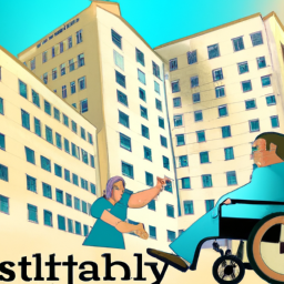 An illustration of a man in a wheelchair being pushed by a nurse. In the background are two buildings with the words "Financial Stability" written on them.