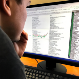 description: an anonymous image depicting a person analyzing investment charts on a computer screen.description: an anonymous individual is sitting at a desk, analyzing investment charts on a computer screen. the person appears focused and engaged in their investment research, highlighting the dedication required for successful investing.